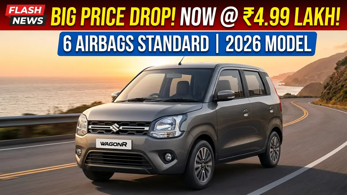 Image of the new blue 2026 Maruti Wagon R, highlighting its new starting price of ₹4.99 lakh and 6 standard airbags feature after a major price drop.
