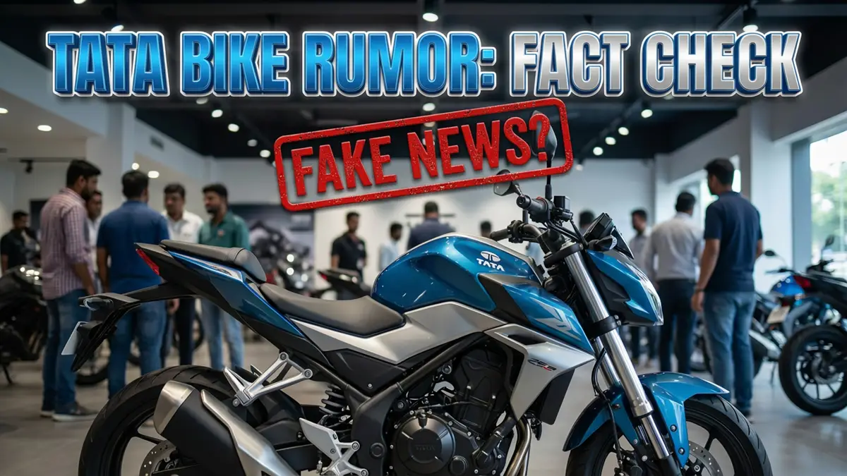 Fact-check graphic showing a Tata-branded blue sports motorcycle in a showroom, debunking the viral rumor of a ₹42,000 Tata bike with 90 kmpl mileage, labeled as 'FAKE NEWS